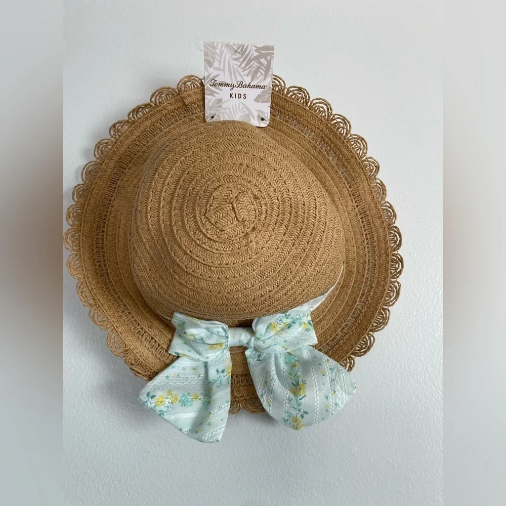 Tommy Bahama Kids Tan Straw Hat with Yellow and Green Accent bow. Big Girl size